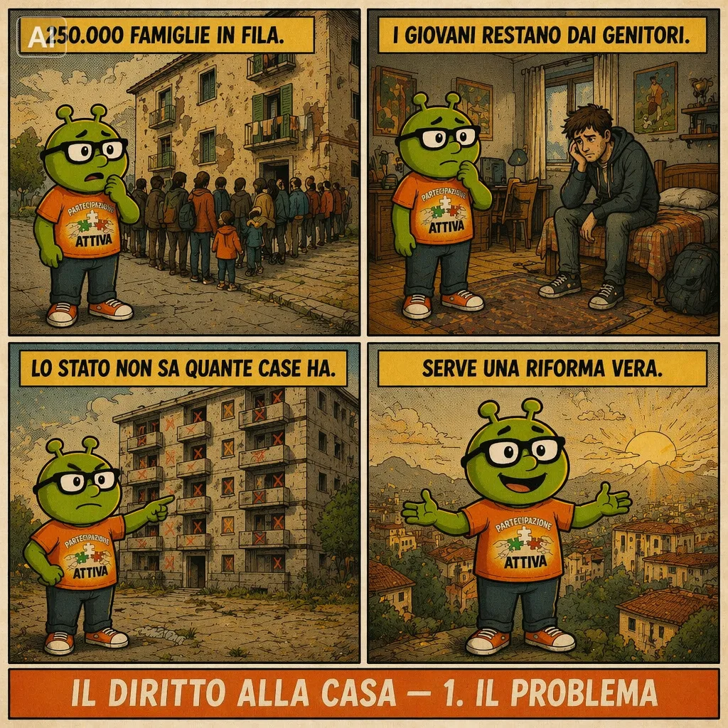 Fumetto PensAttivo, tavola 1: il problema. Famiglie in fila, giovani che restano dai genitori, alloggi pubblici non censiti.