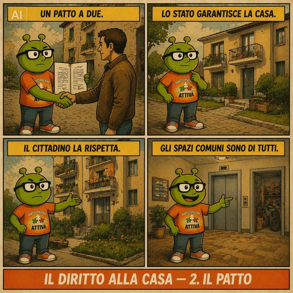 Fumetto PensAttivo, tavola 2: il patto. Lo Stato garantisce la casa, il cittadino la rispetta, gli spazi comuni sono di tutti.