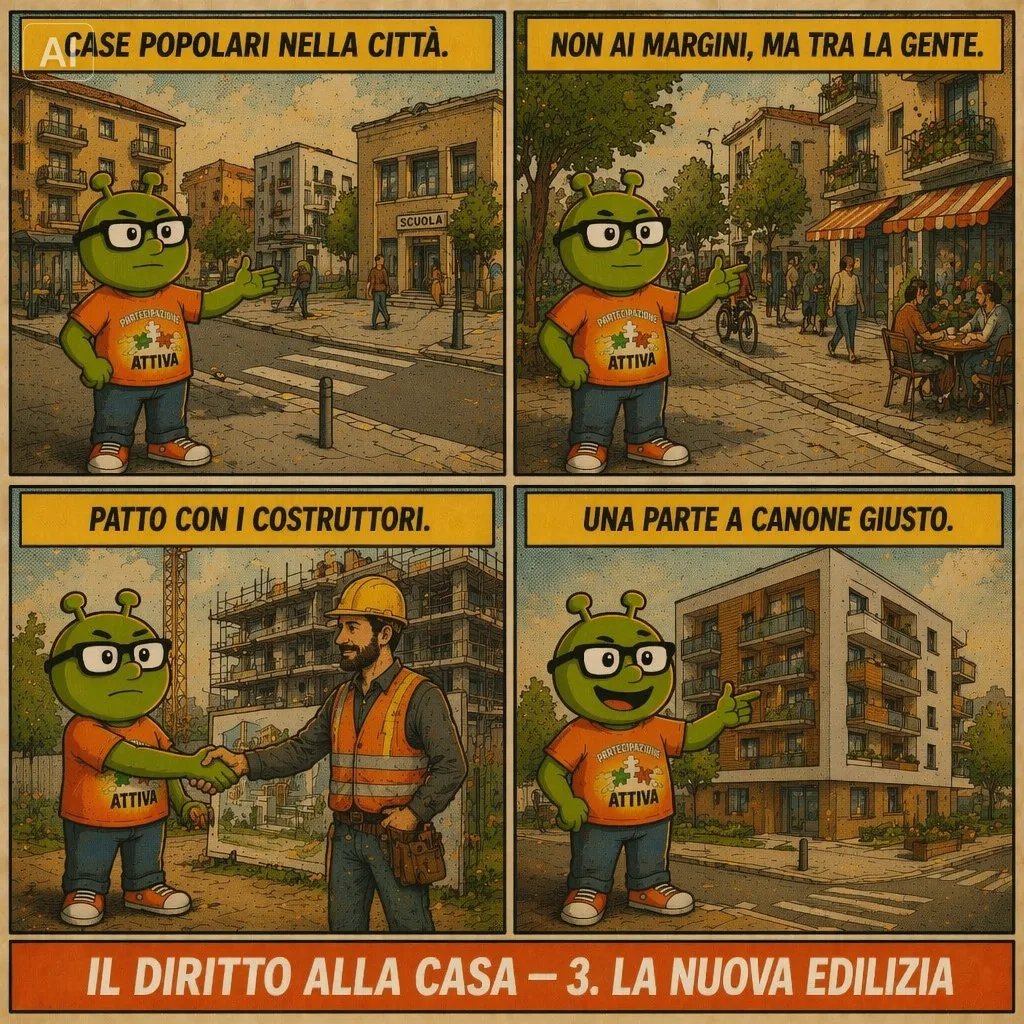 Fumetto PensAttivo, tavola 3: la nuova edilizia. Case popolari dentro la citt&agrave;, patto con i costruttori, una parte a canone calmierato.