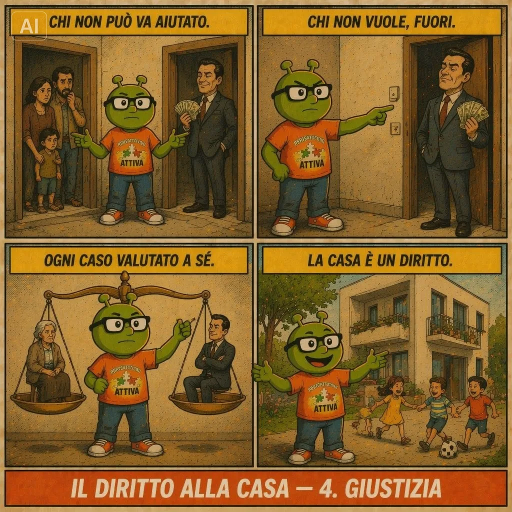 Fumetto PensAttivo, tavola 4: giustizia. Chi non pu&ograve; va aiutato, chi non vuole resta fuori, ogni caso valutato a s&eacute;.