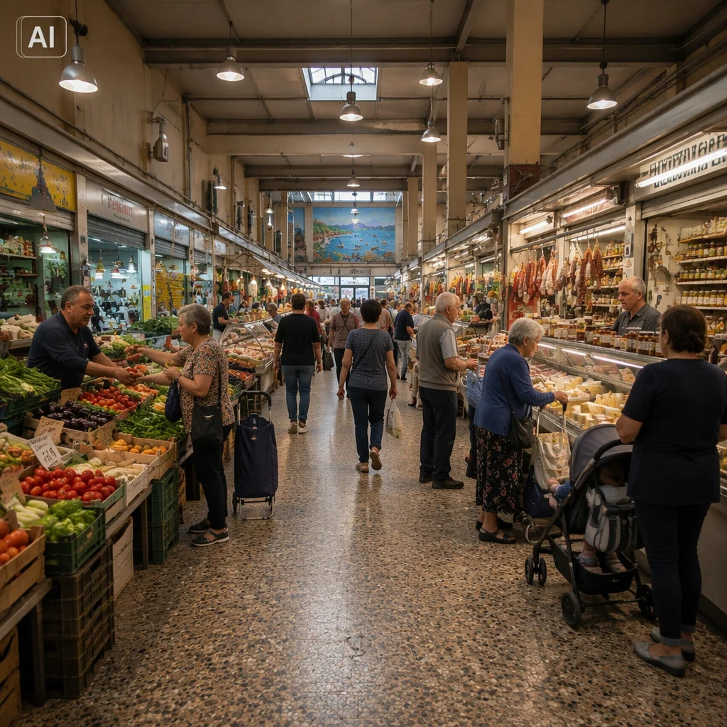 Rendering fotorealistico del mercato coperto di Via Marco Polo rigenerato, con banchi ordinati e clientela