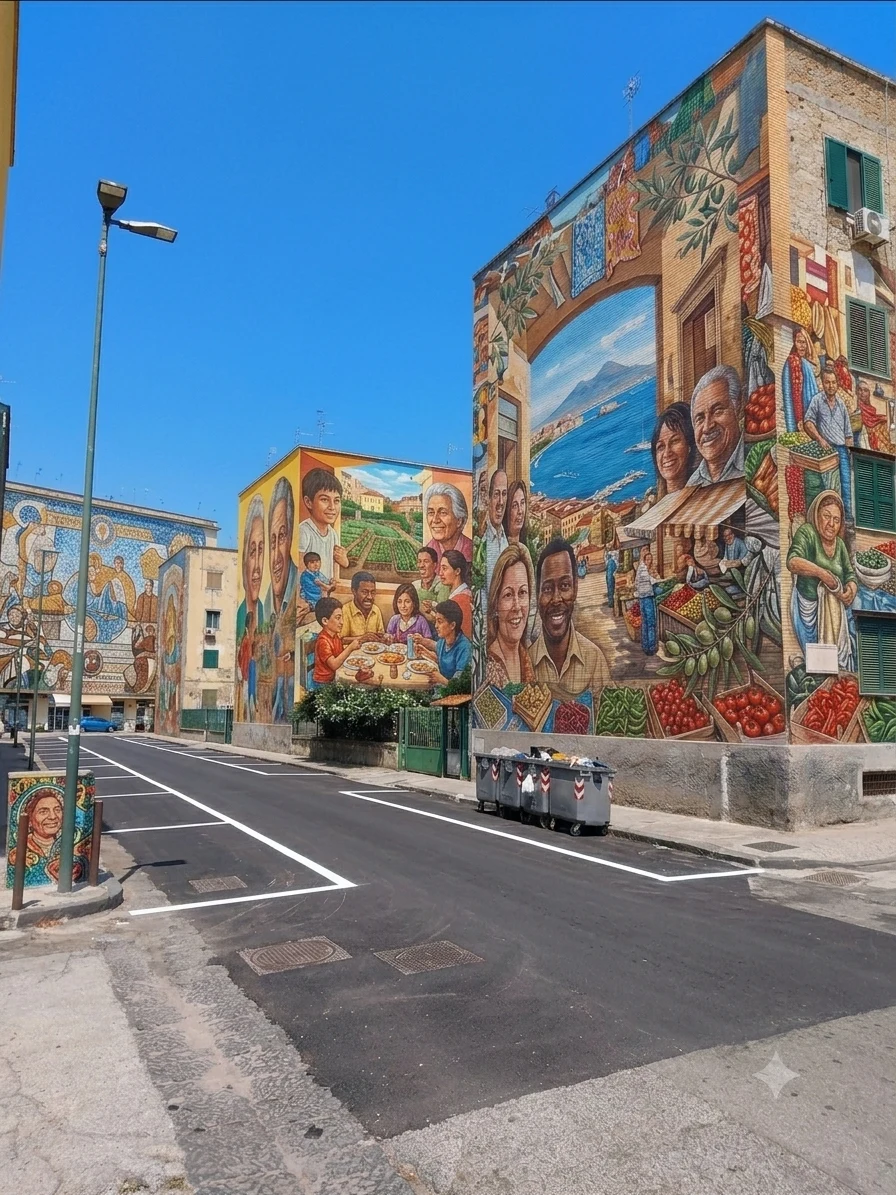 Rendering fotorealistico di più murales sulle facciate di un incrocio, con scene di vita quotidiana, mercato e il golfo di Napoli