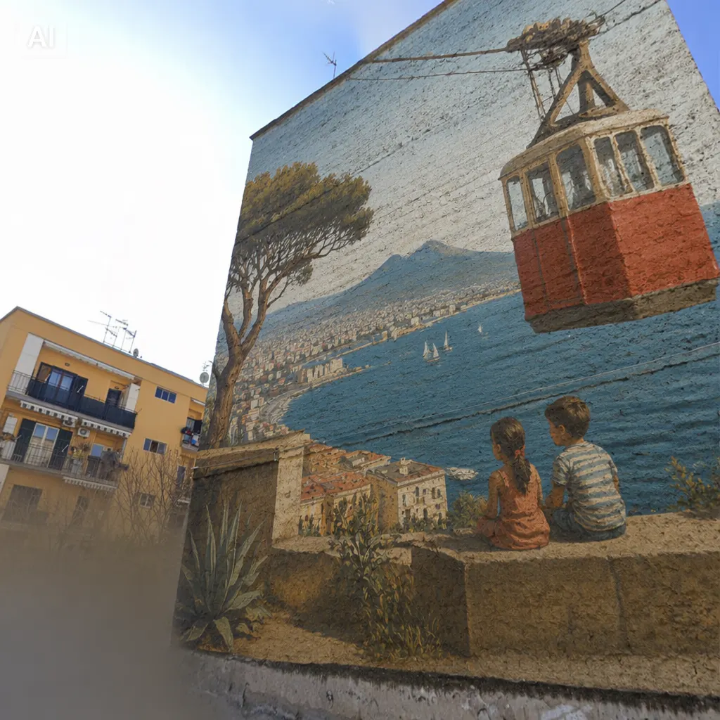 Rendering di un murale già realizzabile: il golfo di Napoli e la funivia sulla facciata di un palazzo