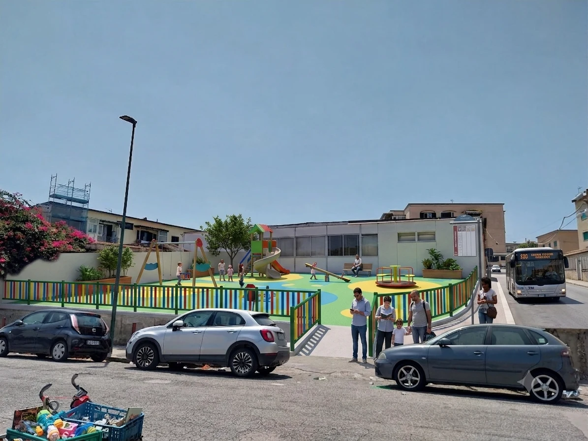 Rendering fotorealistico di un parco giochi colorato con scivolo, altalene e giostrina al posto di un edificio abbandonato di Via Marco Polo, con fermata autobus e persone in attesa