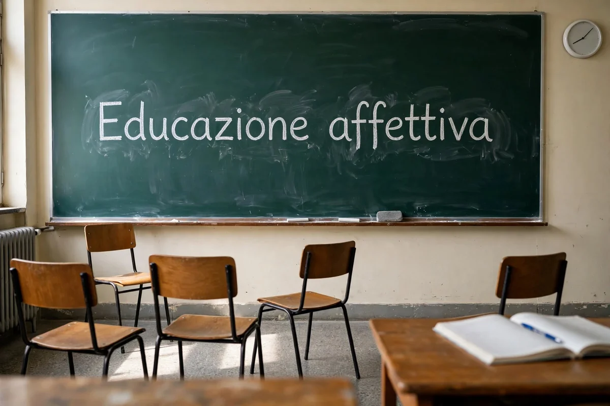 Lavagna di un'aula scolastica con scritto a gesso: Educazione affettiva. Davanti, sedie vuote disposte in cerchio.