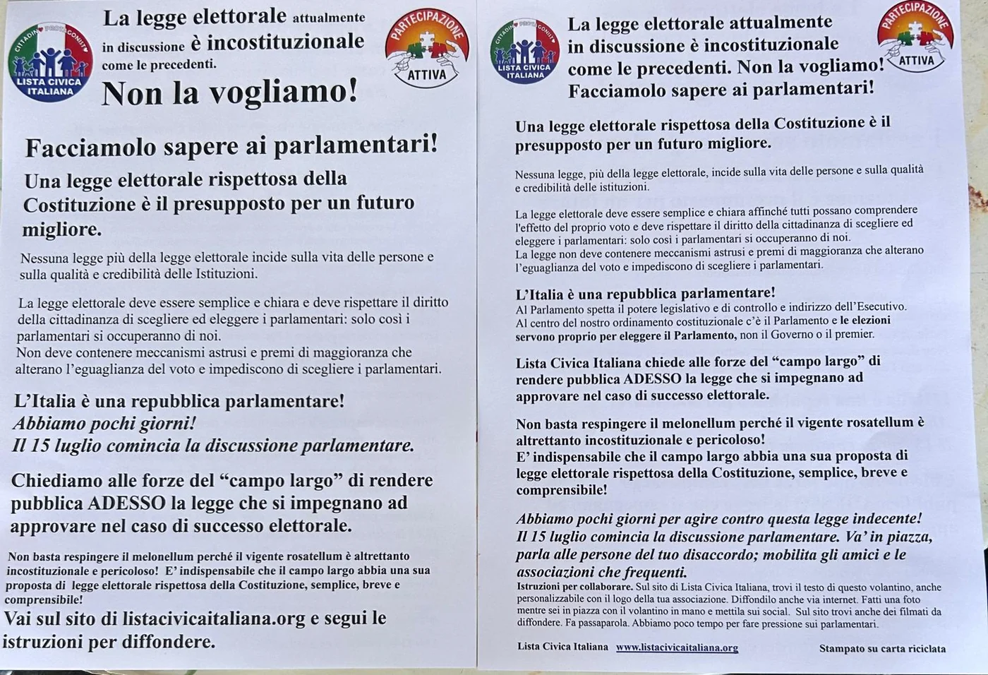 Volantino di Partecipazione Attiva e Lista Civica Italiana contro il Melonellum